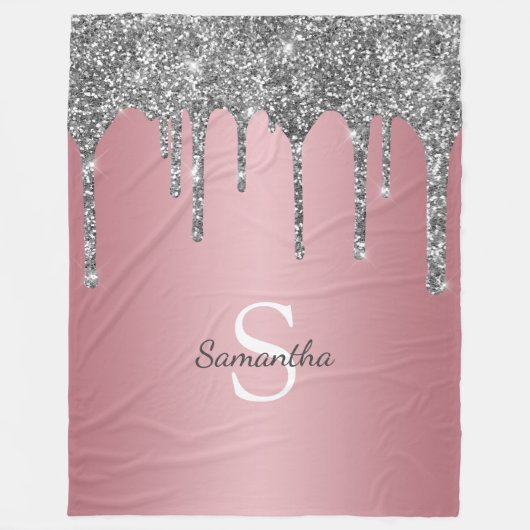 Silver Glitzer Tropfen Rose Gold Rosa Monogramm Na Fleecedecke (Vorderseite)