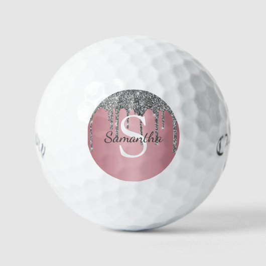 Silver Glitzer Tropfen Rose Gold Rosa Monogramm Na Golfball (Vorderseite)