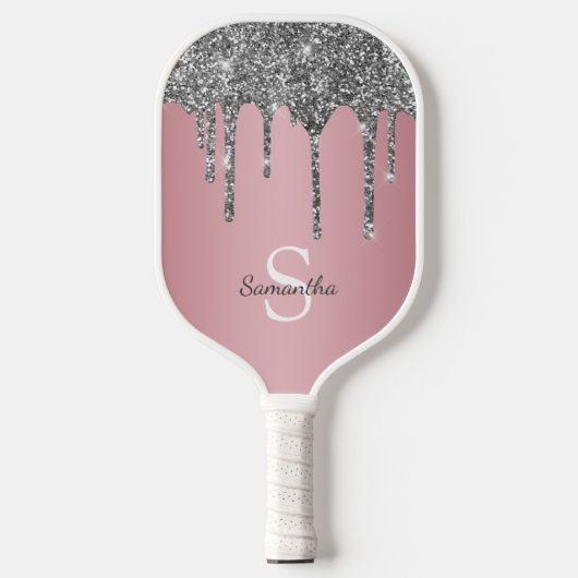 Silver Glitzer Tropfen Rose Gold Rosa Monogramm Na Pickleball Schläger (Vorderseite)
