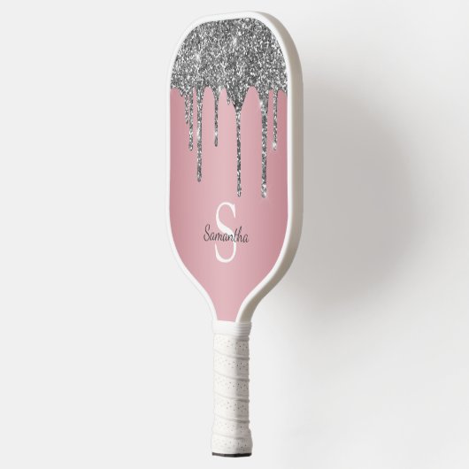 Silver Glitzer Tropfen Rose Gold Rosa Monogramm Na Pickleball Schläger (Links)