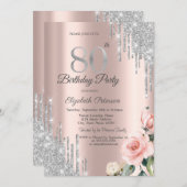 Silver Glitzer Tropfen Rose Rose Gold 80. Einladung (Vorne/Hinten)