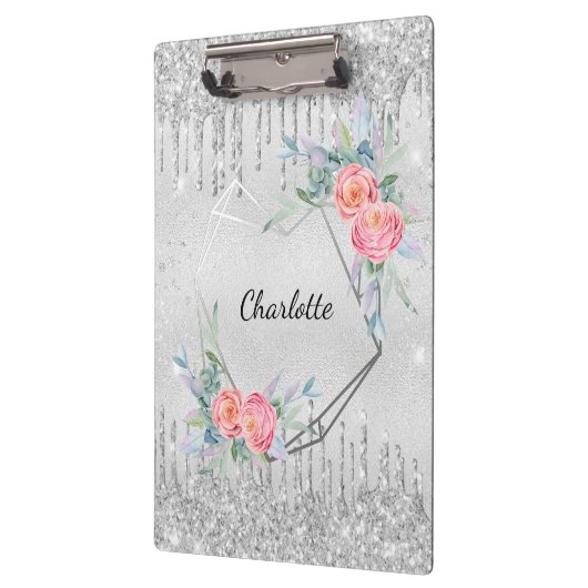 Silver Glitzer Tropfen rot Rosa Blumenname Klemmbrett (Links)