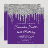 Silver Glitzer Tropfen Royal Lila 40. Geburtstag Einladung (Vorne/Hinten)