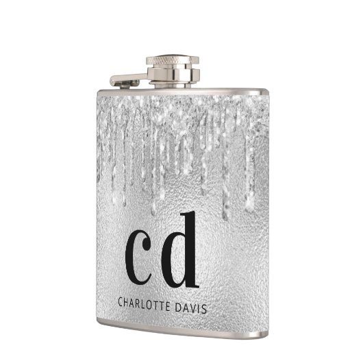 Silver Glitzer Tropfen Schwarze Monogramm Name Flachmann (Links)