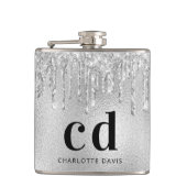 Silver Glitzer Tropfen Schwarze Monogramm Name Flachmann (Vorderseite)