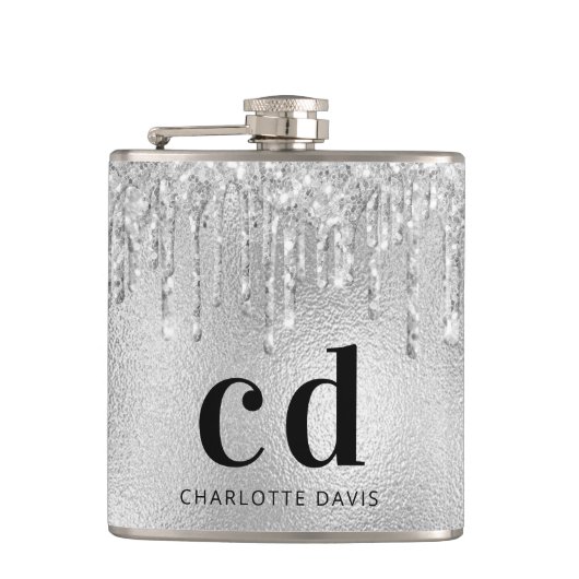 Silver Glitzer Tropfen Schwarze Monogramm Name Flachmann (Vorderseite)