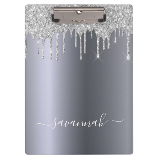 Silver Glitzer Tropfen Skript Name elegant Klemmbrett (Vorderseite)