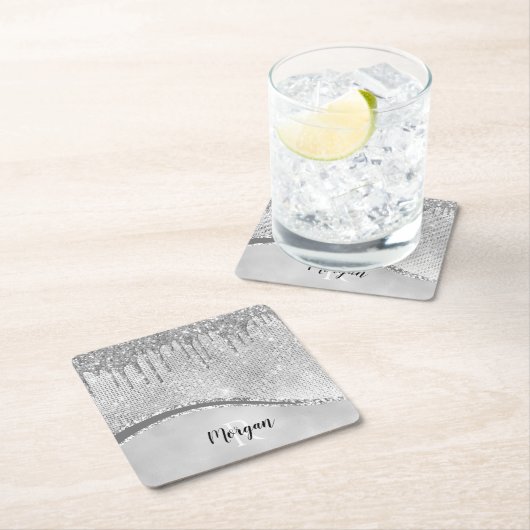 Silver Glitzer Tropfen & Sparkle, Name und Monogra Rechteckiger Pappuntersetzer (Vor Ort)