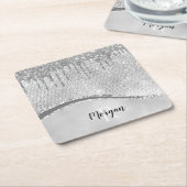 Silver Glitzer Tropfen & Sparkle, Name und Monogra Rechteckiger Pappuntersetzer (angewinkelt)