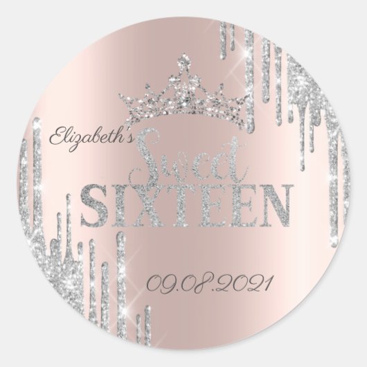 Silver Glitzer Tropfen Tiara Rose Gold Sweet 16 Runder Aufkleber (Vorderseite)