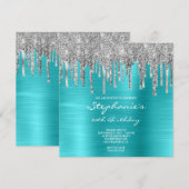 Silver Glitzer Tropfen Türkis Blau 60. Geburtstag Einladung (Vorne/Hinten)