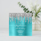 Silver Glitzer Tropfen Türkis Blau 60. Geburtstag Einladung (Stehend Vorderseite)