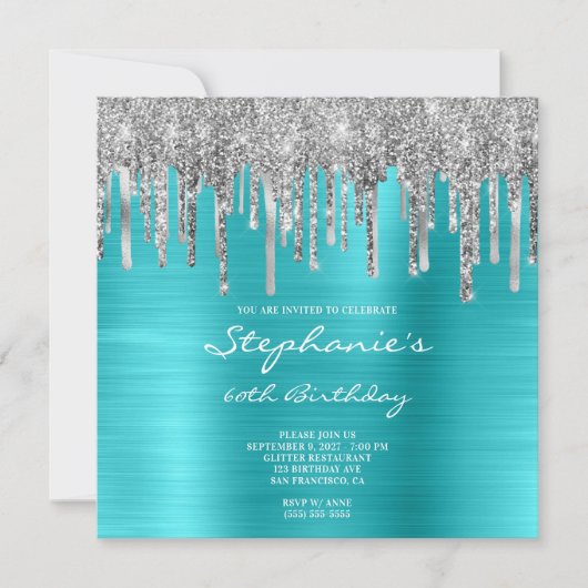 Silver Glitzer Tropfen Türkis Blau 60. Geburtstag Einladung (Vorderseite)