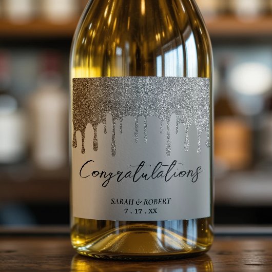 Silver Glitzer Tropfen Wedding Schaumweinetikett