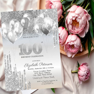 Silver Glitzer Tropfens Balloons 100. Geburtstag Einladung