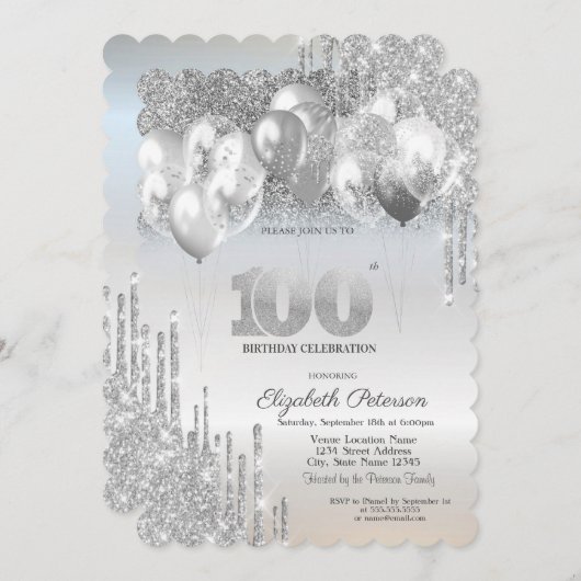 Silver Glitzer Tropfens Balloons 100. Geburtstag Einladung (Vorne/Hinten)