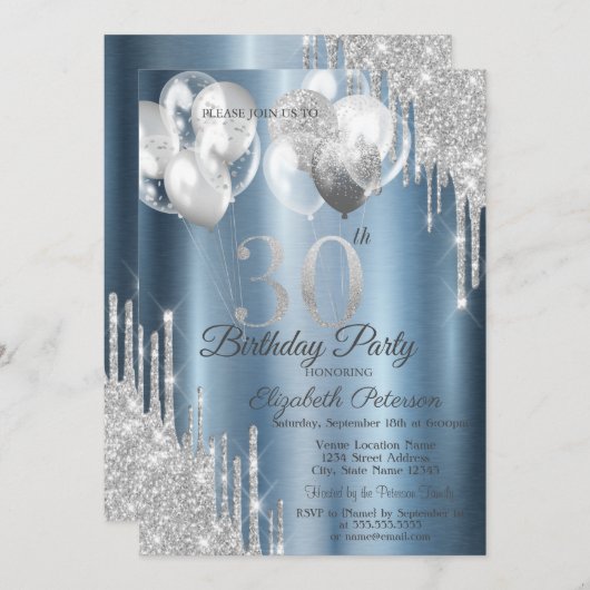 Silver Glitzer Tropfens Balloons Blue Metallic 30. Einladung (Vorne/Hinten)