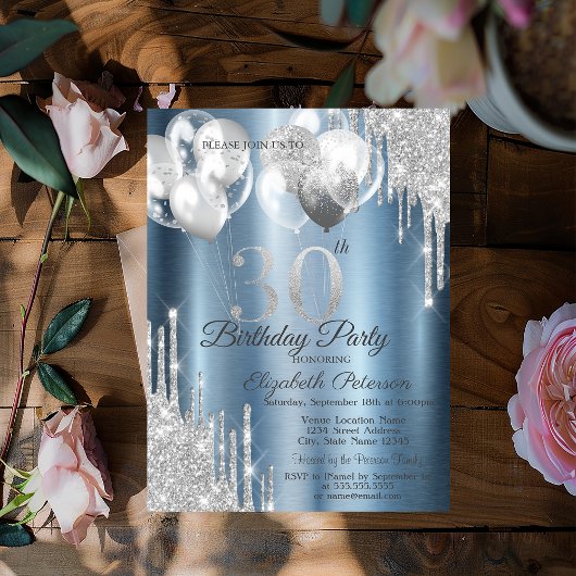 Silver Glitzer Tropfens Balloons Blue Metallic 30. Einladung
