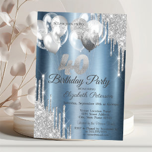 Silver Glitzer Tropfens Balloons Blue Metallic 40. Einladung