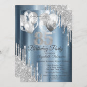 Silver Glitzer Tropfens Balloons Blue Metallic 85. Einladung (Vorne/Hinten)