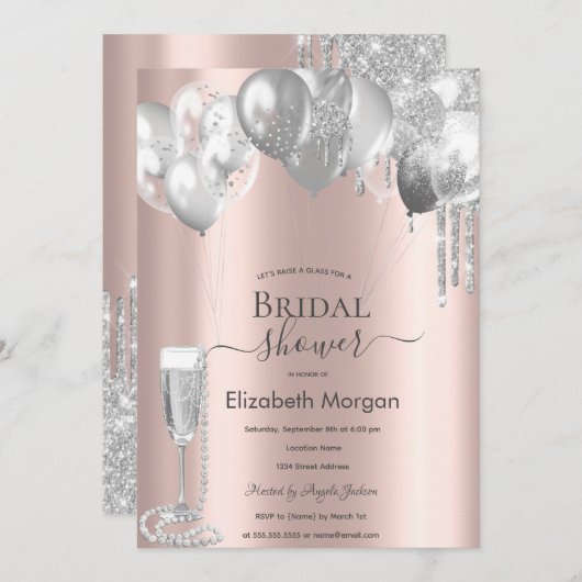 Silver Glitzer Tropfens Balloons Prosecco Perlen Einladung (Vorne/Hinten)