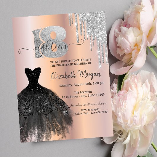Silver Glitzer Tropfens Black Dress 18. Geburtstag Einladung