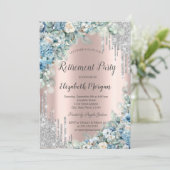 Silver Glitzer Tropfens Blue Flowers Rentirement Einladung (Stehend Vorderseite)