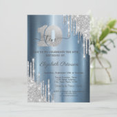 Silver Glitzer Tropfens Blue Metallic 10. Geburtst Einladung (Stehend Vorderseite)