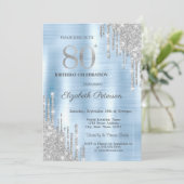 Silver Glitzer Tropfens Blue Metallic 80. Geburtst Einladung (Stehend Vorderseite)