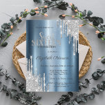Silver Glitzer Tropfens Blue Metallic Sweet 16 Einladung<br><div class="desc">Moderne,  schicke und glamouröse Sweet 16 mit Glitzer-Tropfen auf blauem metallischem Hintergrund.</div>