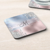 Silver Glitzer Tropfens Blue Rose Gold Metallic Getränkeuntersetzer (Linke Seite)