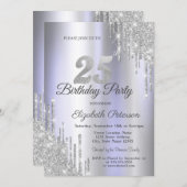Silver Glitzer Tropfens Lila 25. Geburtstag Einladung (Vorne/Hinten)