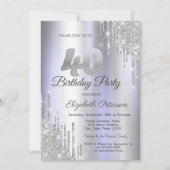 Silver Glitzer Tropfens Lila 40. Geburtstag Einladung (Vorderseite)