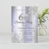Silver Glitzer Tropfens Lila 60. Geburtstag Einladung (Stehend Vorderseite)