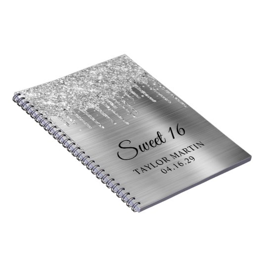 Silver Glitzer Tropfens Metallic Sweet 16 Guest Notizblock (Rechte Seite)