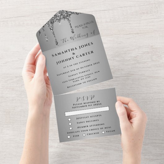 Silver Glitzer Tropfens Sparkle UAWG Elegante Hoch All In One Einladung (Abreißen)