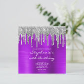 Silver Glitzer Tropfens Violet Foil 40. Geburtstag Einladung (Stehend Vorderseite)