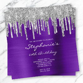Silver Glitzer Tropfens Violet Foil 60. Geburtstag Einladung