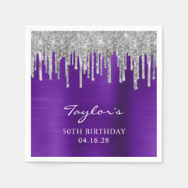 Silver Glitzer Tropfens Violet Lila 50. Geburtstag Serviette