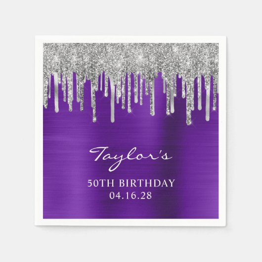 Silver Glitzer Tropfens Violet Lila 50. Geburtstag Serviette (Vorderseite)