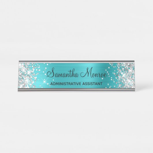 Silver Glitzer Türkis Blauer Foil Schreibtischnamensplakette (Vorderseite )
