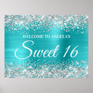 Silver Glitzer Türkis Blue Sweet 16 Empfang Poster