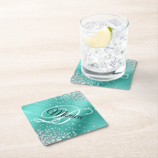 Silver Glitzer Türkis Extravagant Monogram Diamond Untersetzer (Vor Ort)