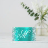 Silver Glitzer Türkis Foil Extravagant Mit Monogra Visitenkarte (Stehend Vorderseite)