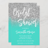 Silver Glitzer Türkis QR Code Brautparty Einladung (Vorne/Hinten)