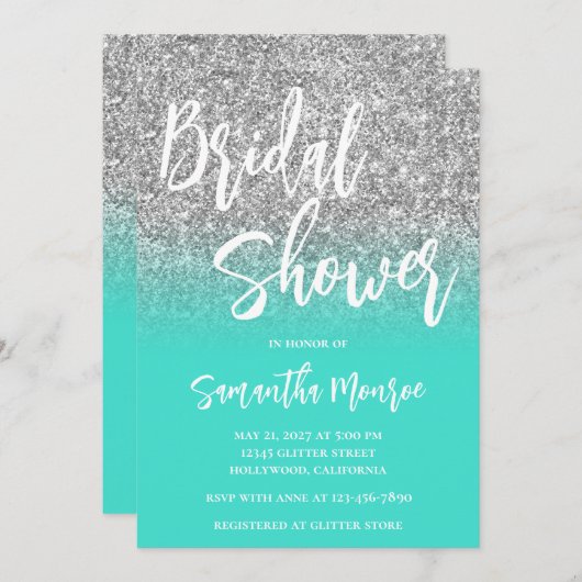 Silver Glitzer Türkis QR Code Brautparty Einladung (Vorne/Hinten)