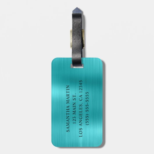 Silver Glitzer Türkise Blue Foil Extravagant Monog Gepäckanhänger (Rückseite vertikal)