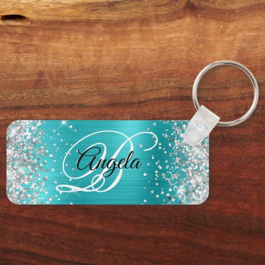 Silver Glitzer Türkise Blue Foil Extravagant Monog Schlüsselanhänger (Vorderseite)