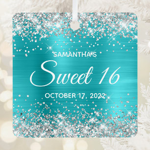 Silver Glitzer Türkise Blue Ombre Foil Sweet 16 Ornament Aus Metall