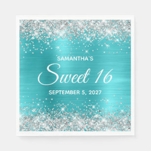 Silver Glitzer Türkise Blue Ombre Foil Sweet 16 Serviette